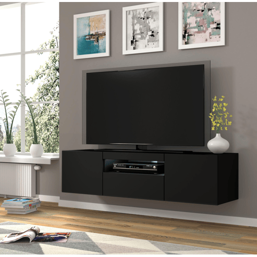 A mesa de TV AURA num estilo moderno. Mede 42x150x37 cm e inclui 4 prateleiras e 3 portas.