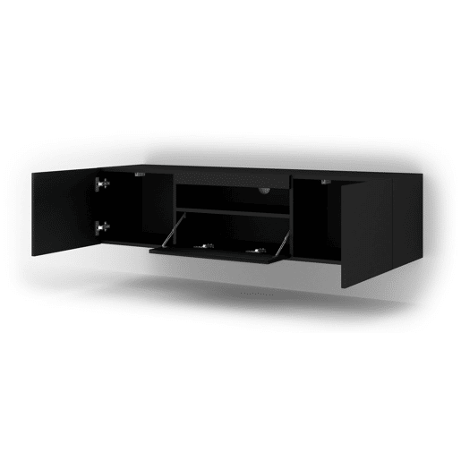 A mesa de TV AURA num estilo moderno. Mede 42x150x37 cm e inclui 4 prateleiras e 3 portas.