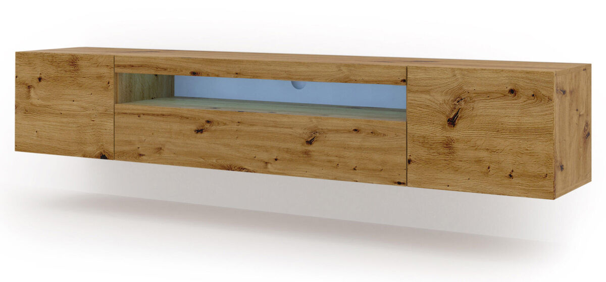 El soporte de tv aura un estilo moderno. mide 42x200x37 cm e incluye 4 estantes y 3 puertas.