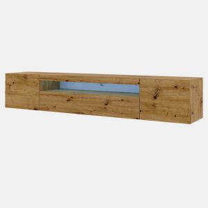 A mesa de TV AURA num estilo moderno. Mede 42x200x37 cm e inclui 4 prateleiras e 3 portas.