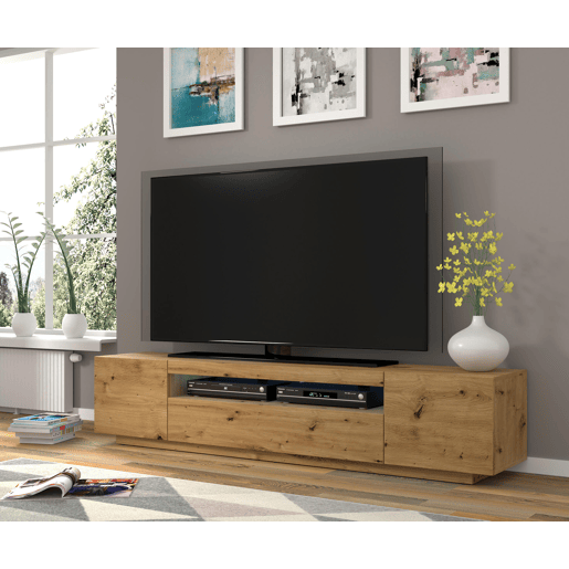 A mesa de TV AURA num estilo moderno. Mede 42x200x37 cm e inclui 4 prateleiras e 3 portas. A mesa de TV AURA num estilo moderno. Mede 42x200x37 cm e inclui 4 prateleiras e 3 portas.
