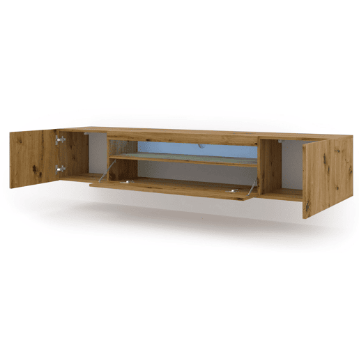 A mesa de TV AURA num estilo moderno. Mede 42x200x37 cm e inclui 4 prateleiras e 3 portas. A mesa de TV AURA num estilo moderno. Mede 42x200x37 cm e inclui 4 prateleiras e 3 portas.