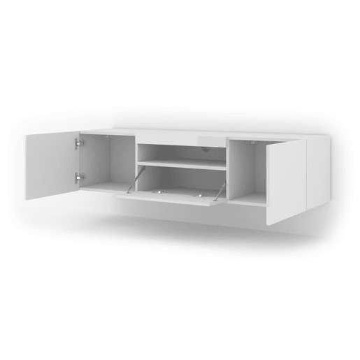 A mesa de TV AURA num estilo moderno. Mede 42x150x37 cm e inclui 4 prateleiras e 3 portas.