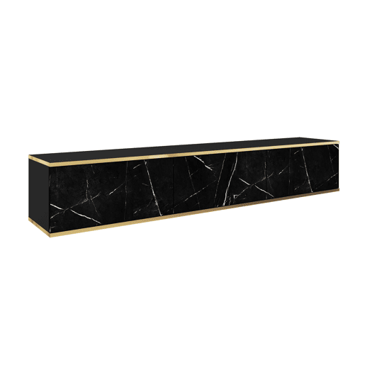 A mesa de TV ORO apresenta uma cor marmor, dourada num estilo moderno. Mede 30x175x32 cm e inclui 3 prateleiras e 3 portas.