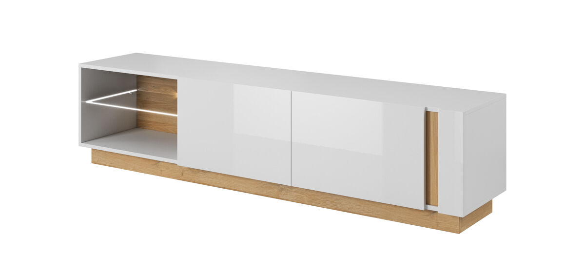 soporte de tv arcade con un estilo moderno mide 46x188x40 cm y tiene 4 estantes 2 puertas asi como iluminacion led
