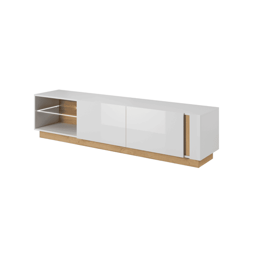 ARCADE4 TV-stand com um estilo moderno, medindo 46x188x40 cm e tem 4 prateleiras, 2 portas, bem como iluminação LED