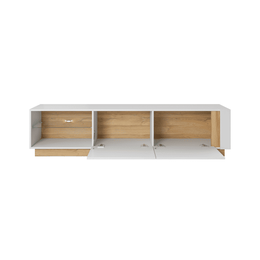 ARCADE4 TV-stand com um estilo moderno, medindo 46x188x40 cm e tem 4 prateleiras, 2 portas, bem como iluminação LED