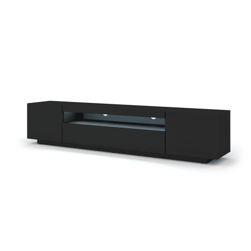 A mesa de TV AURA num estilo moderno. Mede 42x200x37 cm e inclui 4 prateleiras e 3 portas.