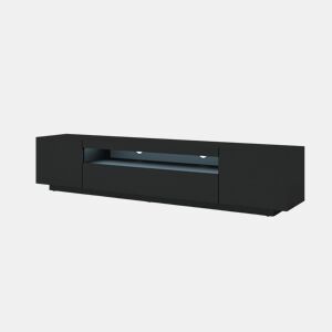 A mesa de TV AURA num estilo moderno. Mede 42x200x37 cm e inclui 4 prateleiras e 3 portas.