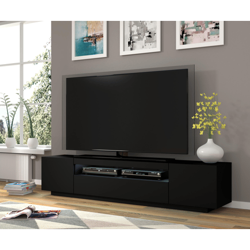 A mesa de TV AURA num estilo moderno. Mede 42x200x37 cm e inclui 4 prateleiras e 3 portas.
