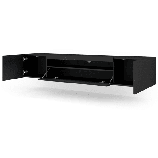 A mesa de TV AURA num estilo moderno. Mede 42x200x37 cm e inclui 4 prateleiras e 3 portas.