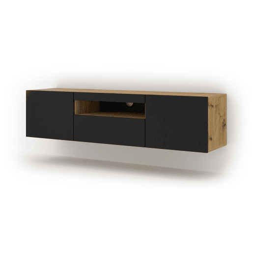 A mesa de TV AURA num estilo moderno. Mede 42x150x37 cm e inclui 4 prateleiras e 3 portas.