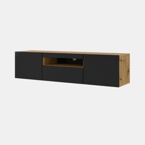 A mesa de TV AURA num estilo moderno. Mede 42x150x37 cm e inclui 4 prateleiras e 3 portas.