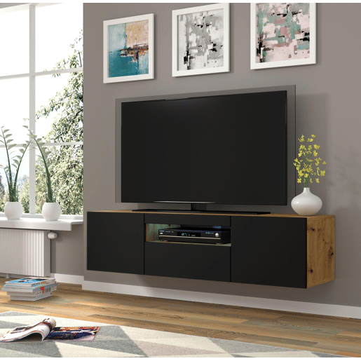 A mesa de TV AURA num estilo moderno. Mede 42x150x37 cm e inclui 4 prateleiras e 3 portas.