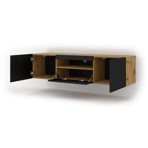 A mesa de TV AURA num estilo moderno. Mede 42x150x37 cm e inclui 4 prateleiras e 3 portas.