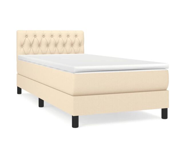 Cama box spring con colchón tela color crema 90x200 cm diseño de botones