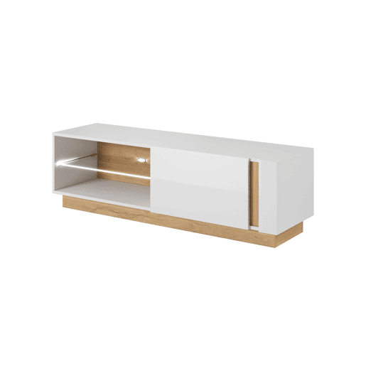 Suporte para televisor ARCADE medindo 46x139x40 cm, com 3 prateleiras, 1 porta e iluminação LED