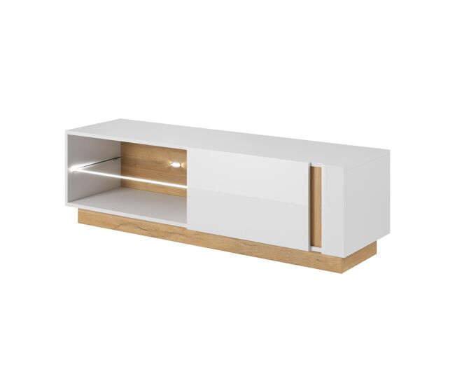 Mueble de tv arcade, mide 46x139x40 cm y tiene 3 estantes, 1 puerta e iluminación led