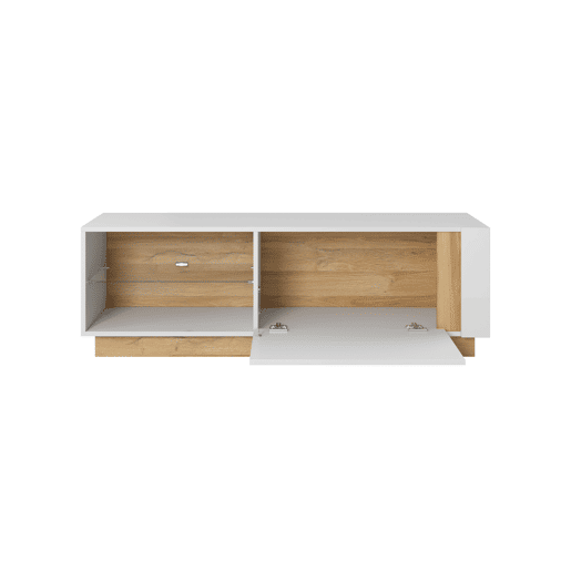 Suporte para televisor ARCADE medindo 46x139x40 cm, com 3 prateleiras, 1 porta e iluminação LED