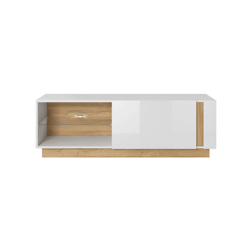 Suporte para televisor ARCADE medindo 46x139x40 cm, com 3 prateleiras, 1 porta e iluminação LED