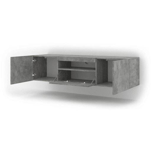 A mesa de TV AURA num estilo moderno. Mede 42x150x37 cm e inclui 4 prateleiras e 3 portas.