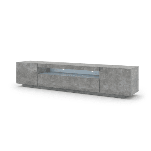 A mesa de TV AURA num estilo moderno. Mede 42x200x37 cm e inclui 4 prateleiras e 3 portas.