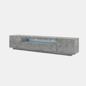 A mesa de TV AURA num estilo moderno. Mede 42x200x37 cm e inclui 4 prateleiras e 3 portas.