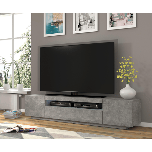 A mesa de TV AURA num estilo moderno. Mede 42x200x37 cm e inclui 4 prateleiras e 3 portas.