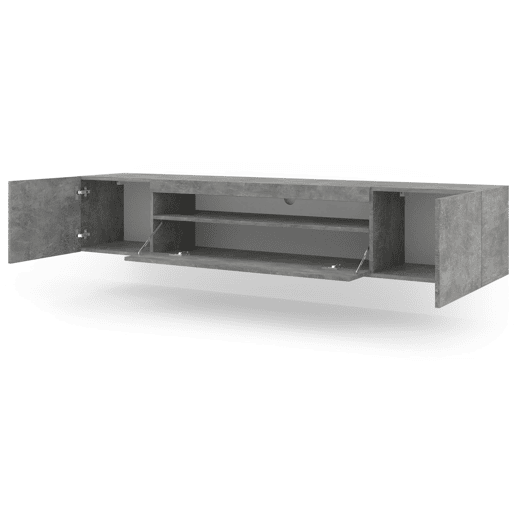 A mesa de TV AURA num estilo moderno. Mede 42x200x37 cm e inclui 4 prateleiras e 3 portas.