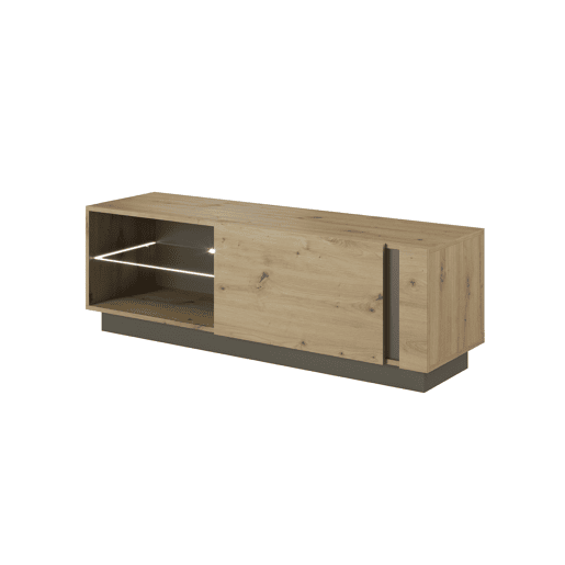 Suporte para televisor ARCADE medindo 46x139x40 cm, com 3 prateleiras, 1 porta e iluminação LED