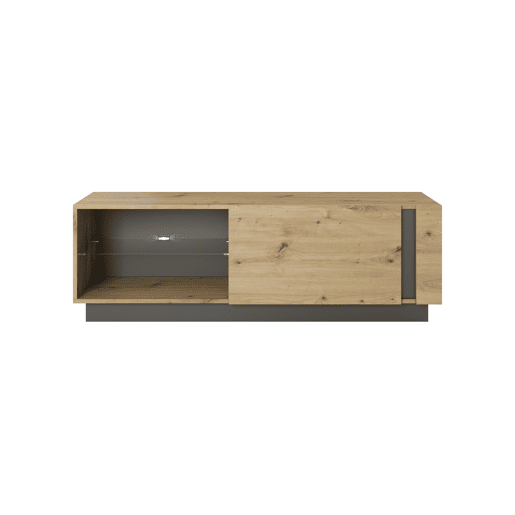 Suporte para televisor ARCADE medindo 46x139x40 cm, com 3 prateleiras, 1 porta e iluminação LED