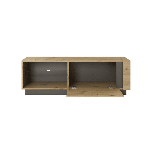 Suporte para televisor ARCADE medindo 46x139x40 cm, com 3 prateleiras, 1 porta e iluminação LED