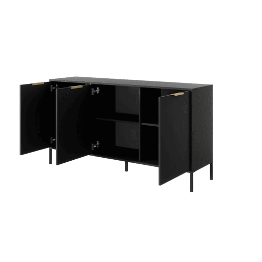 LARS cómoda em preto, dourado com um estilo moderno, medindo 82x154x40 cm e tem 6 prateleiras, 3 portas