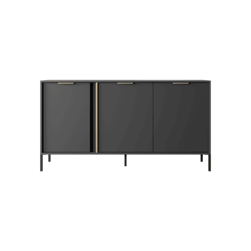 LARS cómoda em preto, dourado com um estilo moderno, medindo 82x154x40 cm e tem 6 prateleiras, 3 portas