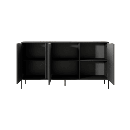 LARS cómoda em preto, dourado com um estilo moderno, medindo 82x154x40 cm e tem 6 prateleiras, 3 portas