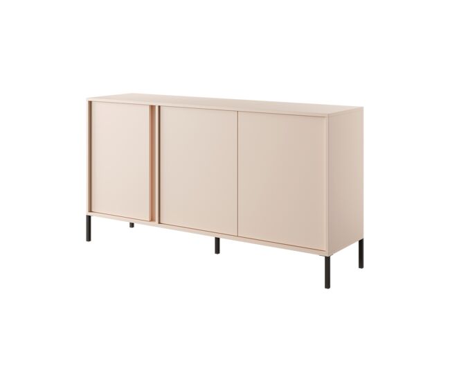 Comoda DAST en beige de estilo moderno, mide 82x154x40 cm y dispone de 6 estantes, 3 puertas e iluminación LED