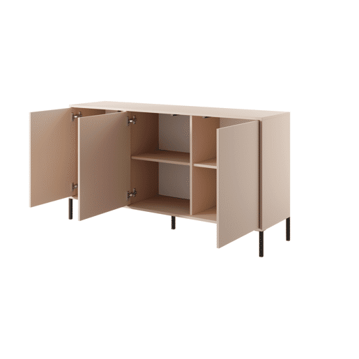 Cómoda DAST em bege com um estilo moderno, medindo 82x154x40 cm e tem 6 prateleiras, 3 portas e iluminação LED