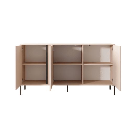 Cómoda DAST em bege com um estilo moderno, medindo 82x154x40 cm e tem 6 prateleiras, 3 portas e iluminação LED
