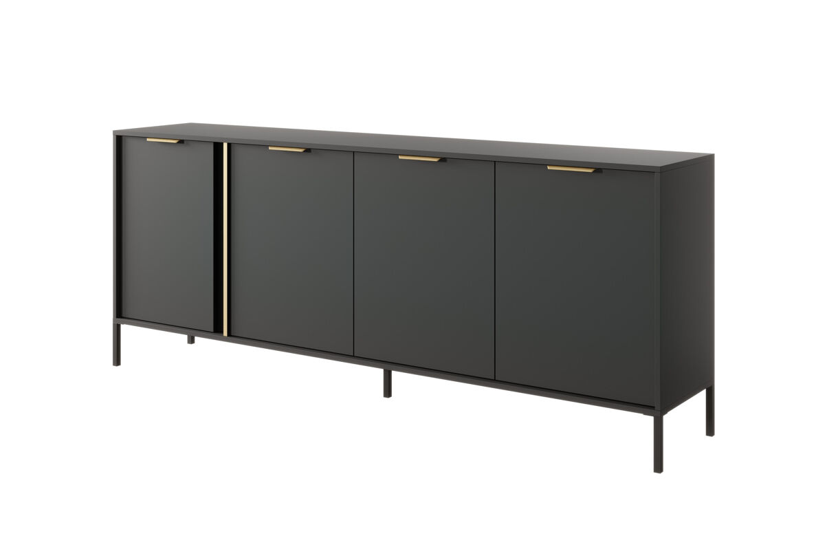 Comoda lars en negro, dorado con un estilo moderno, mide 82x203x40 cm y tiene 8 estantes, 4 puertas