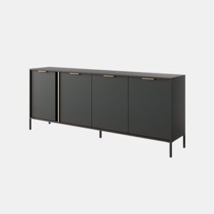 LARS cómoda em preto, dourado com um estilo moderno, medindo 82x203x40 cm e tem 8 prateleiras, 4 portas