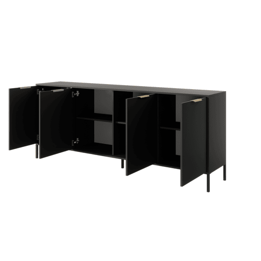 LARS cómoda em preto, dourado com um estilo moderno, medindo 82x203x40 cm e tem 8 prateleiras, 4 portas