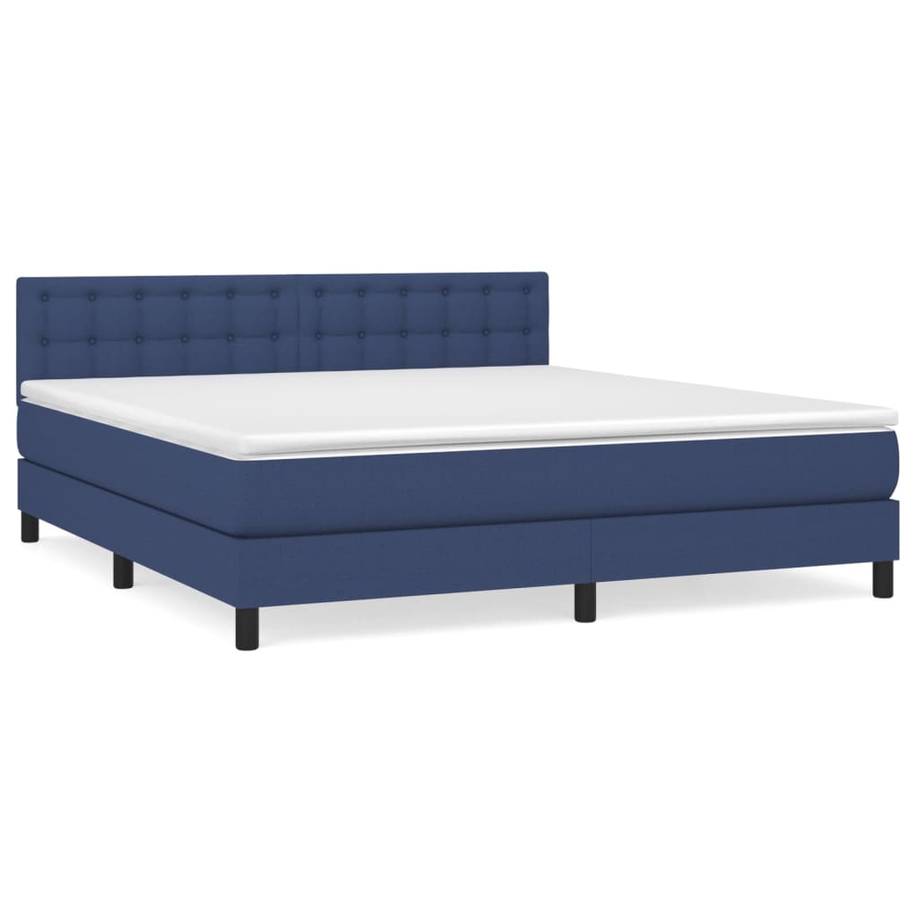 Cama box spring con colchón tela azul 160x200 cm botones
