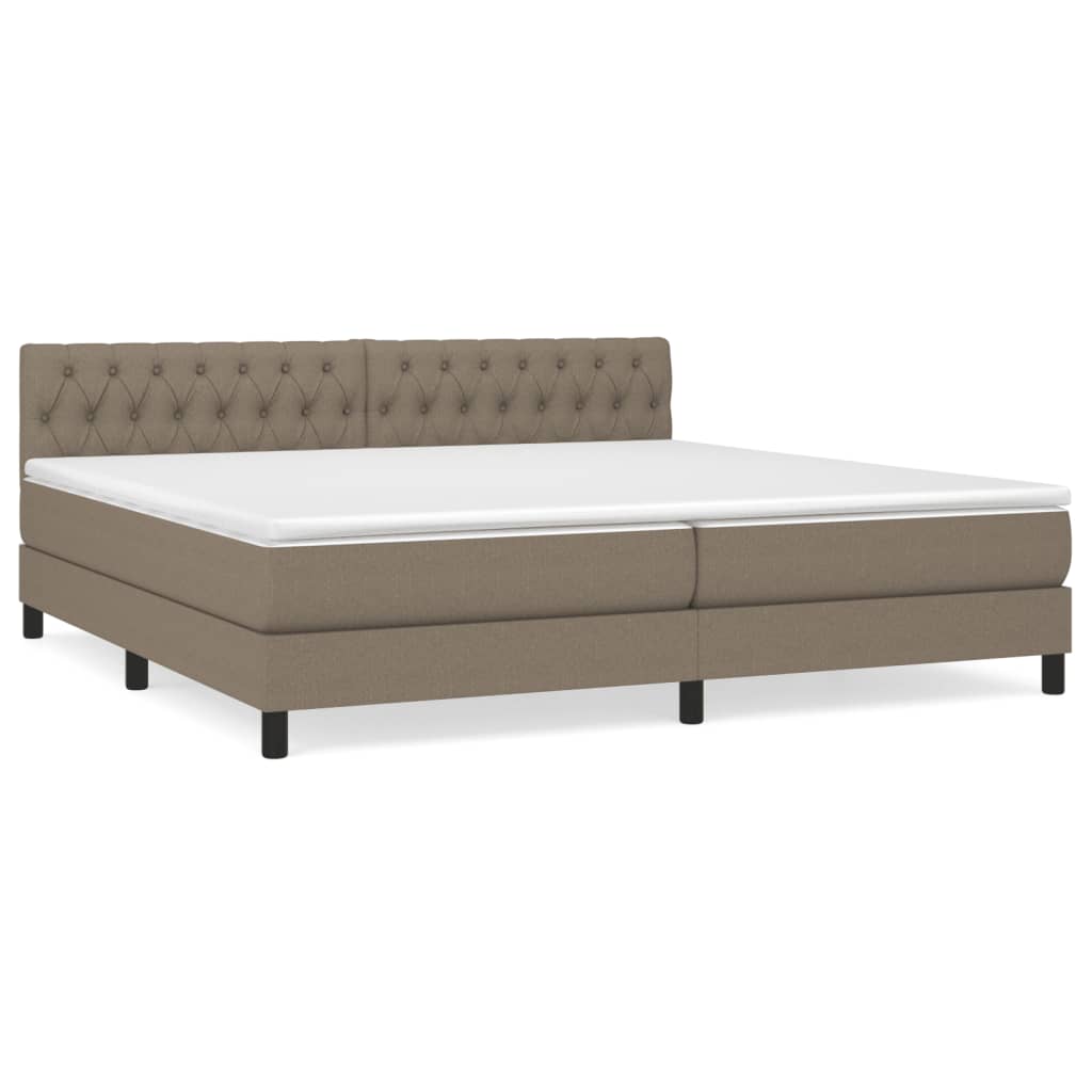 Cama box spring con colchón tela gris taupe 200x200 cm diseño de botones