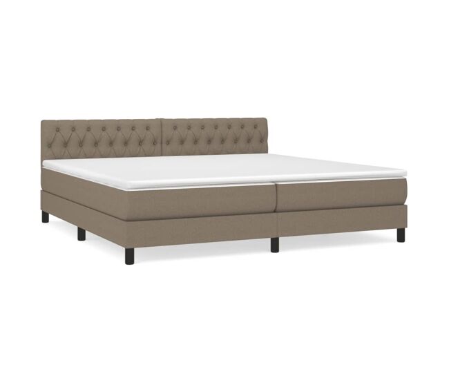 Cama box spring con colchón tela gris taupe 200x200 cm diseño de botones