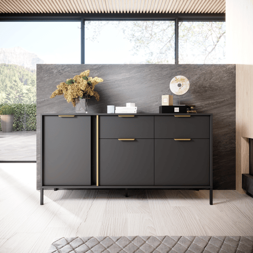 LARS cómoda em preto, dourado com um estilo moderno, medindo 82x154x40 cm e tem 6 prateleiras, 3 portas e 2 gavetas