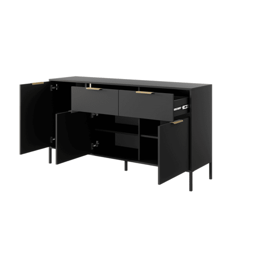 LARS cómoda em preto, dourado com um estilo moderno, medindo 82x154x40 cm e tem 6 prateleiras, 3 portas e 2 gavetas