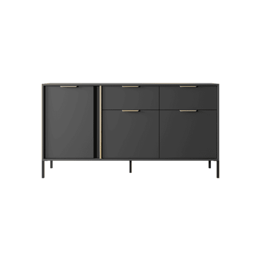 LARS cómoda em preto, dourado com um estilo moderno, medindo 82x154x40 cm e tem 6 prateleiras, 3 portas e 2 gavetas