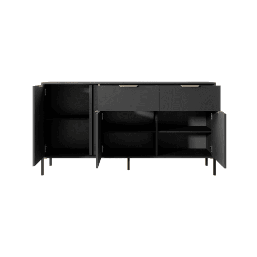 LARS cómoda em preto, dourado com um estilo moderno, medindo 82x154x40 cm e tem 6 prateleiras, 3 portas e 2 gavetas
