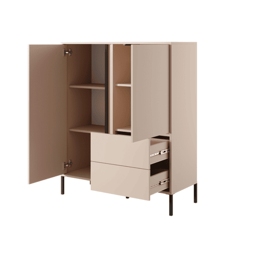 Cómoda DAST em bege com estilo moderno, com 124x104x40 cm, 5 prateleiras, 2 portas e 2 gavetas com iluminação LED