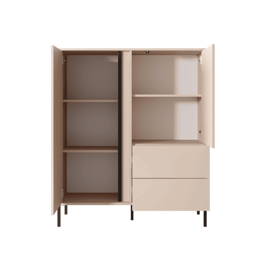 Cómoda DAST em bege com estilo moderno, com 124x104x40 cm, 5 prateleiras, 2 portas e 2 gavetas com iluminação LED
